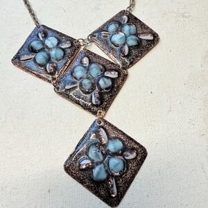 Vintage 60s Fused Glass Enamel Copper Panel Bib Necklace Artisan Abstract MCM